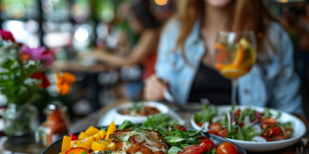 a woman enjoying a mediterranean dinner